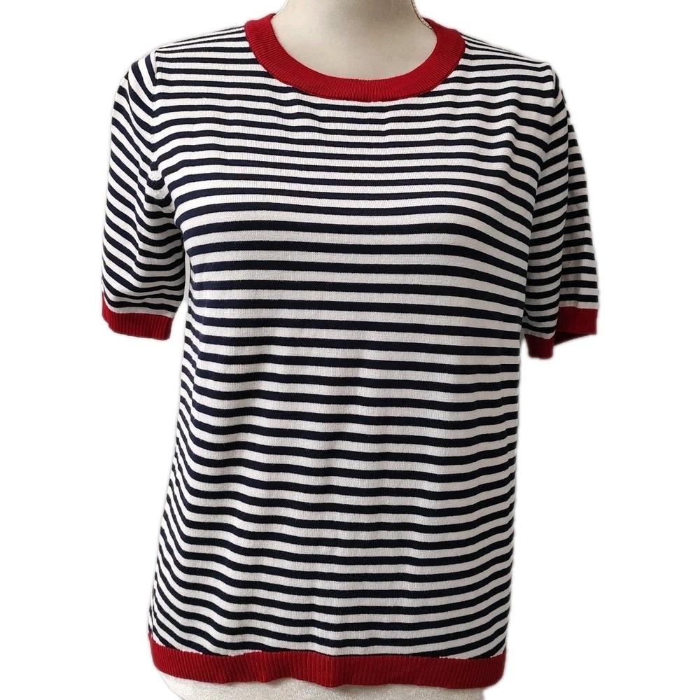 Dokotoo Women's Small Striped Knit Top Navy White Red Trim Short Sleeve Crewneck